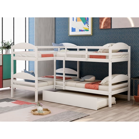 Twin L-Shaped Bunk Bed with Trundle - White Solid Pine Wood, Space-Saving Design for 5, Lake House Getaways, Sleepovers, Safety Guardrails, No Box Spring Needed, 119" L