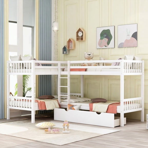Twin L-Shaped Bunk Bed with Drawers - Gray, Solid Pine, Sturdy|Max Space & Versatility