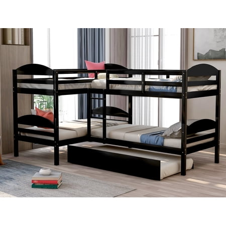 Twin L-Shaped Corner Bunk Bed and Loft Bed with Trundle Solid Wood Twin Bunk Bed Loft Bed with Guardrail, 5 Bed Bunk
