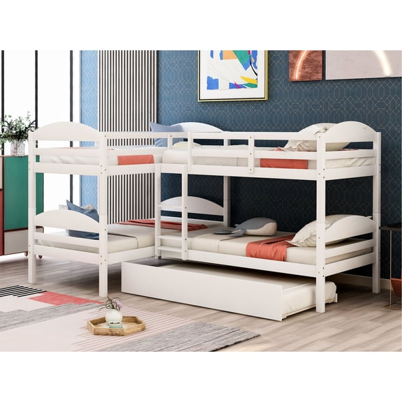 Twin L-shaped Bunk Bed With Trundle In White, Versatile For Different Needs, Solid Wood Frame White. Construction. Extra Sleeping Needs. 6+ Years Old Fit. No Spring Box. 300lbs Capacity