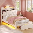 thumbnail image 1 of Twin LED Bed Frame with Storage Headboard & Drawer, Princess Upholstered Bed with Charging Station & Crystal Button & Crown, Velvet Platform Bed for Girls, Solid Wood Slats, Curved Legs, White, 1 of 10