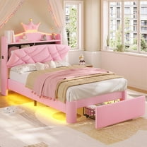 Twin LED Bed Frame with Storage Headboard & Drawer, Princess Upholstered Bed with Charging Station & Crystal Button & Crown, Velvet Platform Bed for Girls, Solid Wood Slats, Curved Legs, Pink