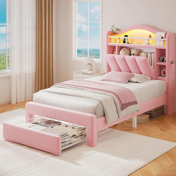 Twin LED Bed Frame with Storage Headboard & Drawers, Princess Velvet Upholstered Bed with Vertical Tufted Headboard Design for Girls, USB & Type-C Charging Ports, Wooden Slats Support, Pink