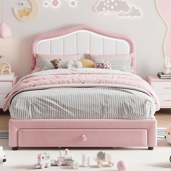 Twin LED Bed Frame with Storage Drawer, Velvet Platform Bed with Wood Slats, No Box Spring Needed, Blue