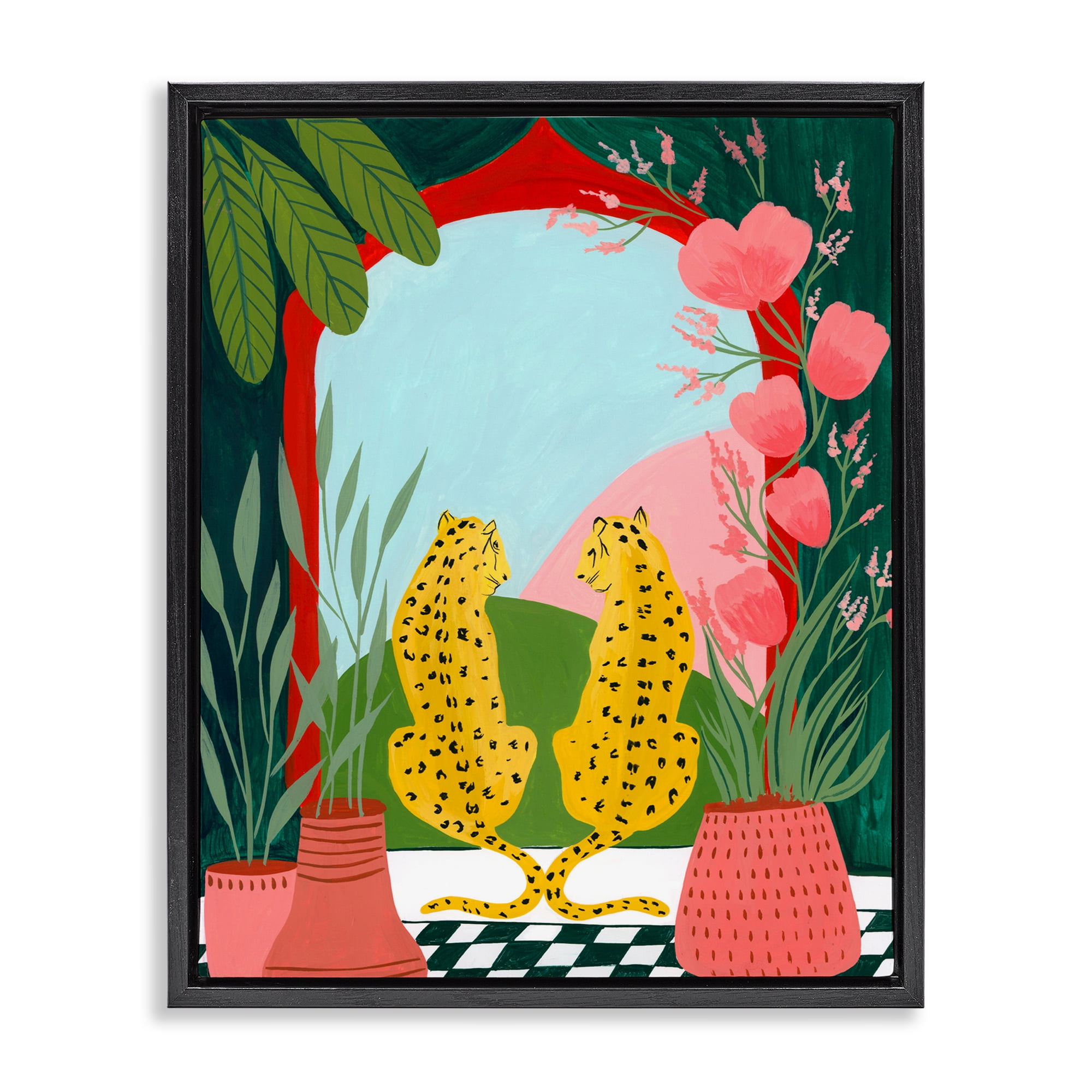 Twin Leopard & Plants Black Framed Floater Canvas Wall Art, design by Nabeela Rumi