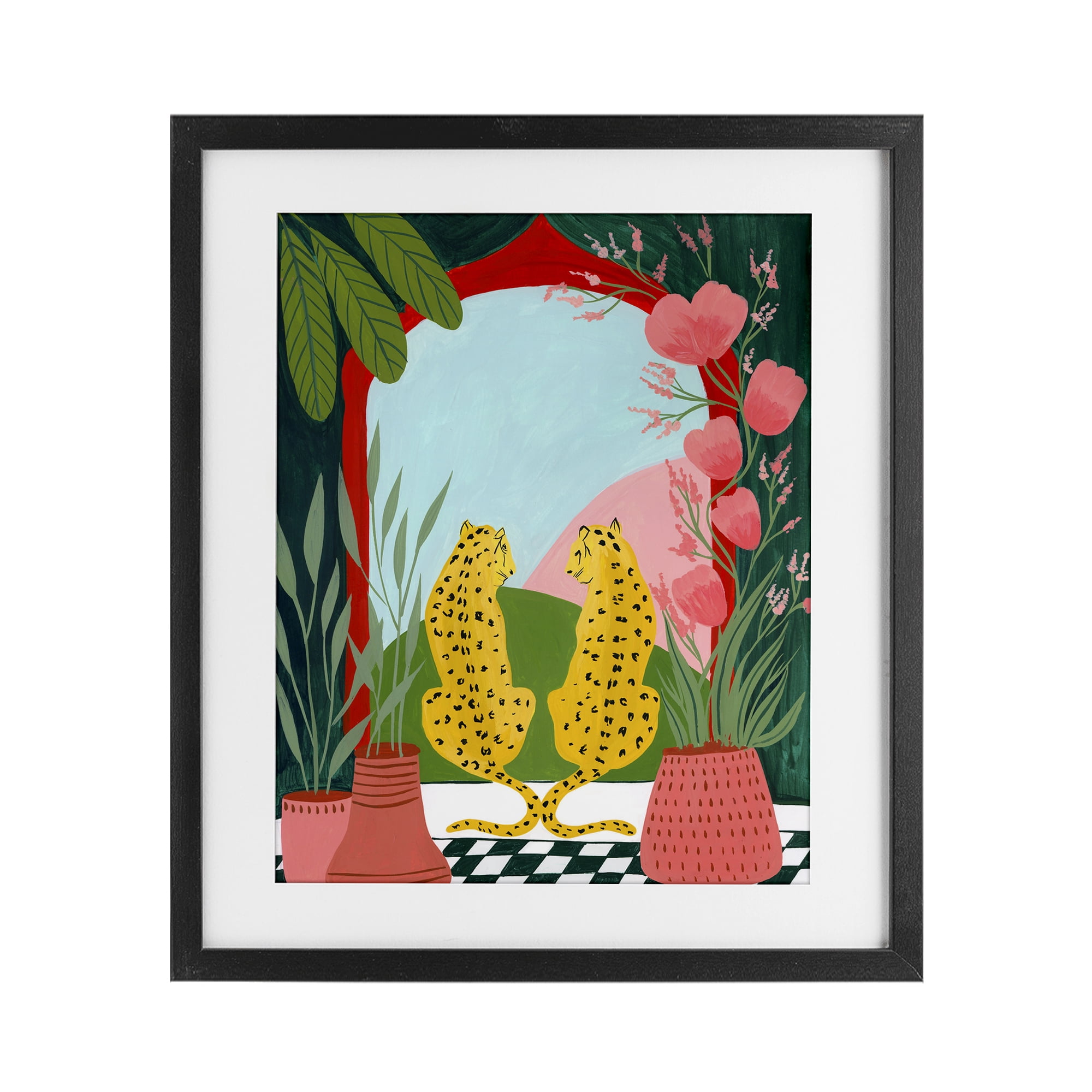 Twin Leopard & Plants Black Framed Print Under Glass, design by Nabeela Rumi