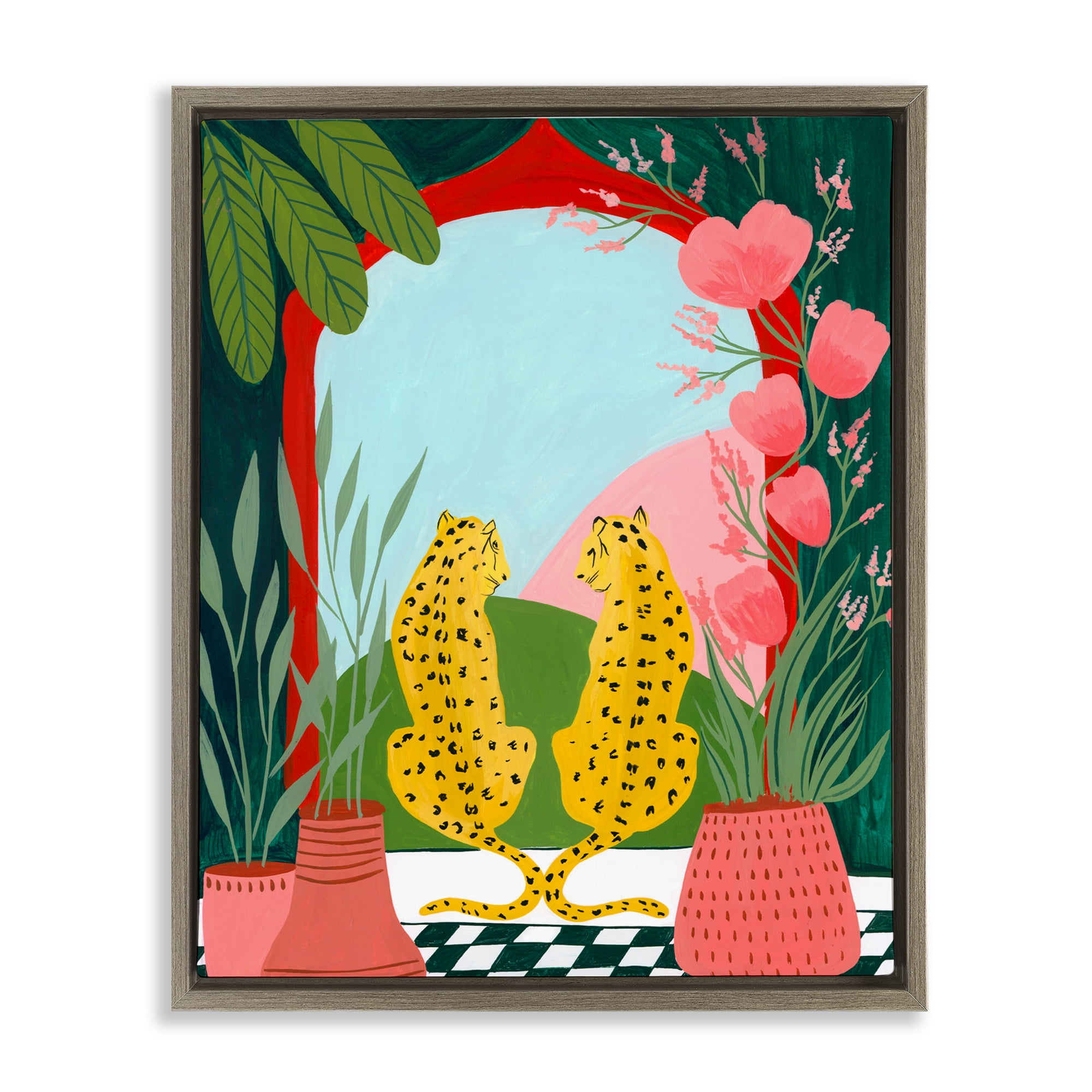 Twin Leopard & Plants Brown Framed Floater Canvas Wall Art, design by Nabeela Rumi