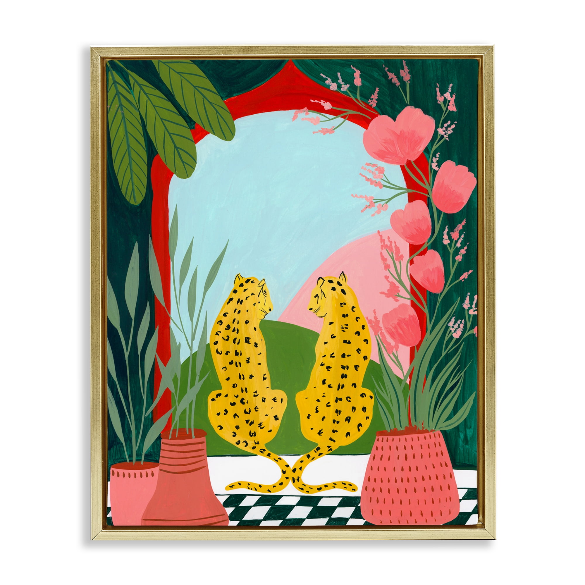 Twin Leopard & Plants Gold Framed Floater Canvas Wall Art, design by Nabeela Rumi