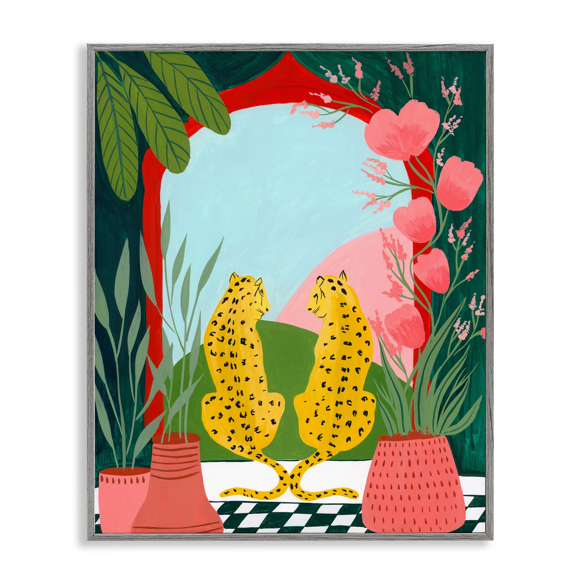 Twin Leopard & Plants Gray Framed Giclee Art, design by Nabeela Rumi