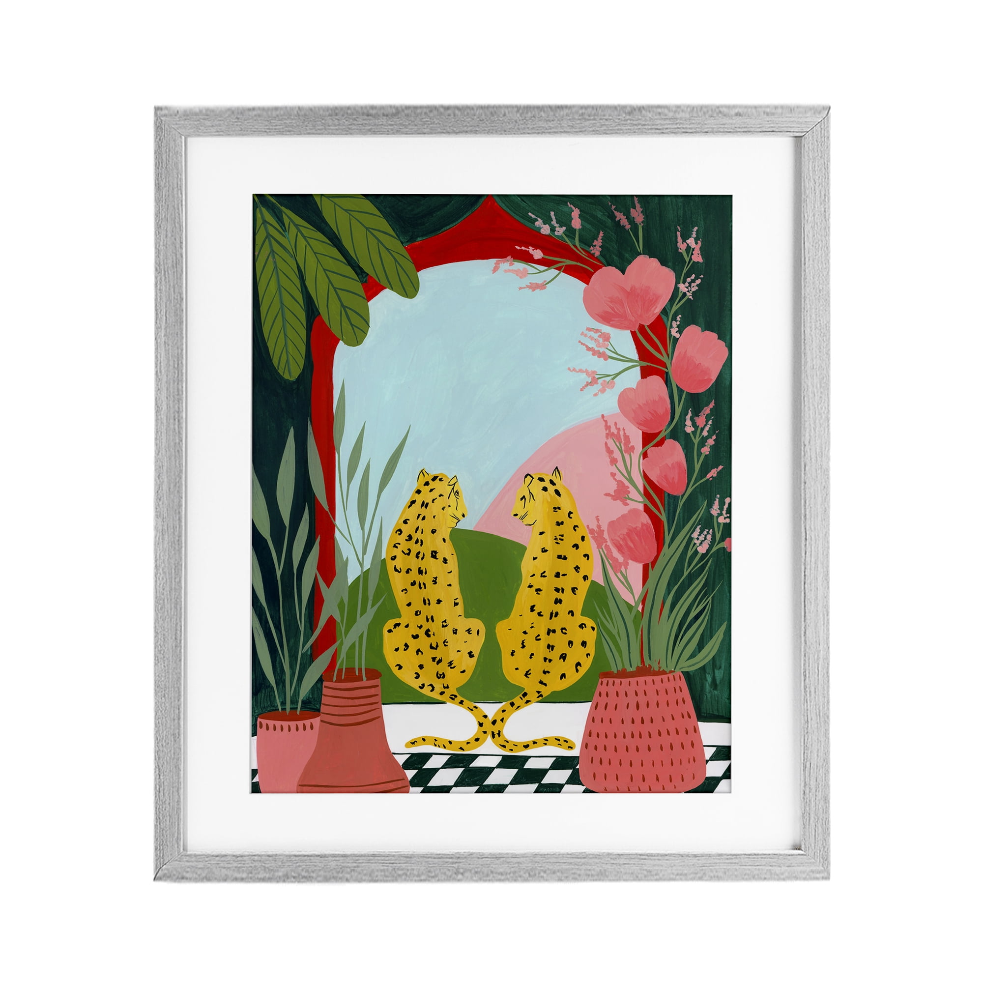 Twin Leopard & Plants Gray Framed Print Under Glass, design by Nabeela Rumi