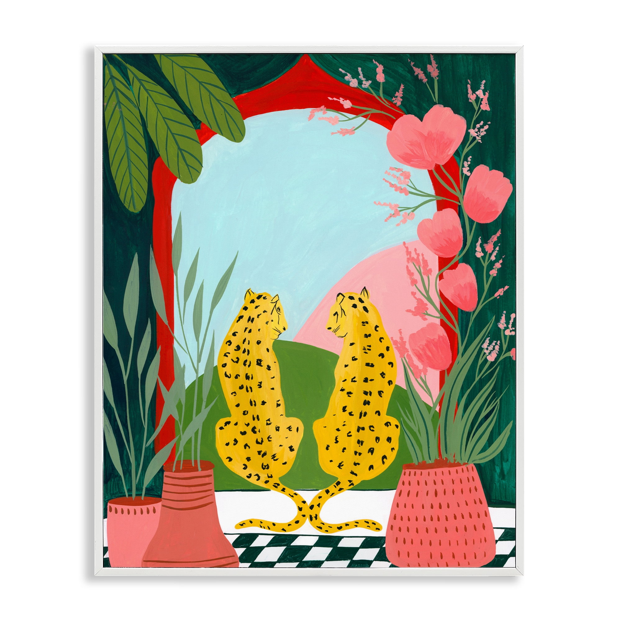 Twin Leopard & Plants White Framed Giclee Art, design by Nabeela Rumi