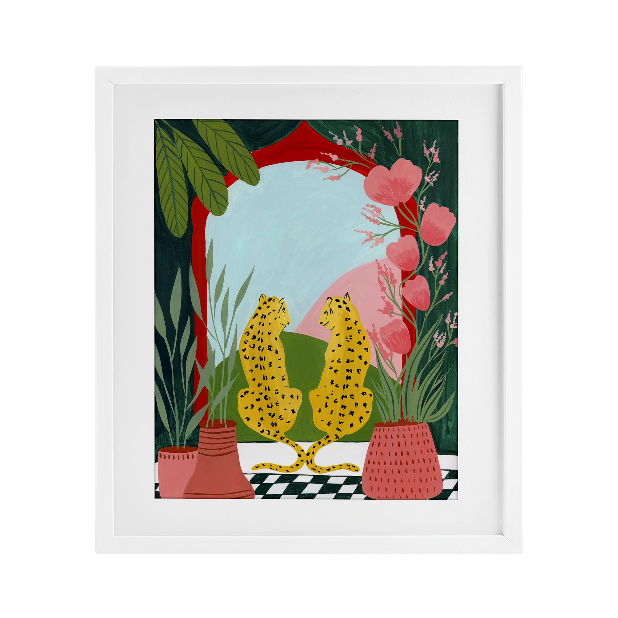 Twin Leopard & Plants White Framed Print Under Glass, design by Nabeela Rumi