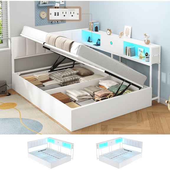 Twin Lift Up Storage Daybeds with Bookcase Storage and Drawers Twin Size Corner Bed Frame with Led Lights and Charging Station, Upholstered Lift Up Storage Beds for Teens Guests, White