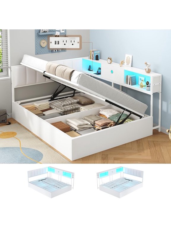 Twin Lift Up Storage Daybeds with Bookcase Storage and Drawers Twin Size Corner Bed Frame with Led Lights and Charging Station, Upholstered Lift Up Storage Beds for Teens Guests, White