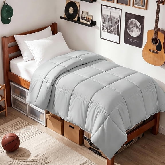 Twin Light Grey Down Alternative Comforter 64x88 Inches Quilted Duvet Insert with Corner Tabs