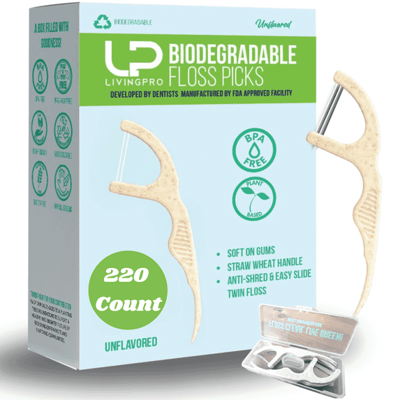 Twin Line Biodegradable Floss Picks (220 Count) - Compostable Tooth Flossers -Double Thread 2X The Clean | Bonus Travel Case | Thing Thread Glide Easy & Shred-Resistant
