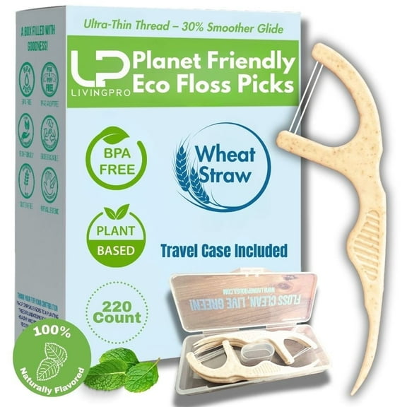 Twin Line Biodegradable Floss Picks (220 Count) - Compostable Tooth Flossers Minty Fresh-Double Thread 2X The Clean | Bonus Travel Case | Thing Thread Glide Easy & Shred-Resistant