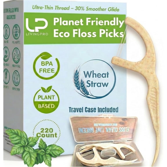 Twin Line Dental Floss Picks (220 Count) Tooth Flossers Made with Wheat-Straw, Double Thread for 2X Clean, Minty Fresh, Smooth , Shred-Resistant Floss | Travel Case Holds 10 Picks