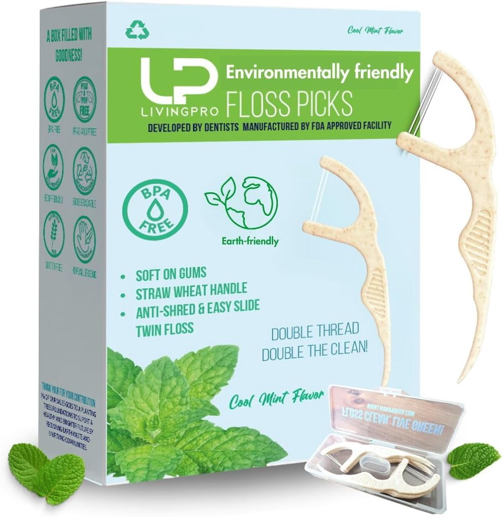 Twin Line Dental Floss Picks (220 Count) – Tooth Flossers Made with Wheat-Straw, Double Thread for 2X Clean, Minty Fresh, Smooth , Shred-Resistant | Travel Case Holds 10