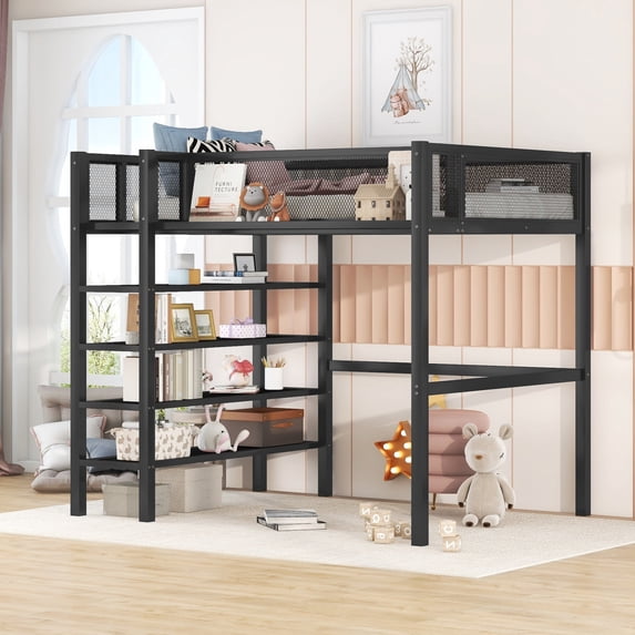 Twin Size Metal Loft Bed with 4-Tier Storage Shelves and Full-Length Guardrail, Loft Bed Frame for Kids Girls Boys, Saving Space, Black