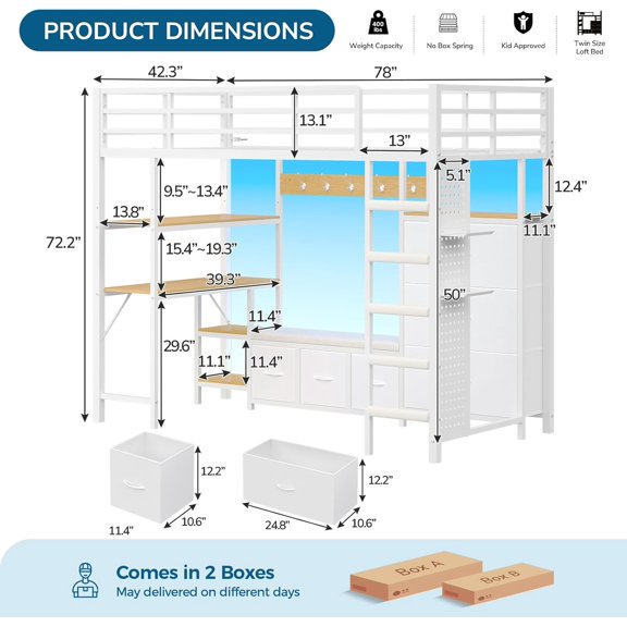 Twin Loft Bed with 6 Storage Drawers, Hall Tree and Pegboard, Metal Loft Bed Twin Size with Desk and Adjustable Shelf, LED Lights and Charging Station, Safety Guardrail and Ladder