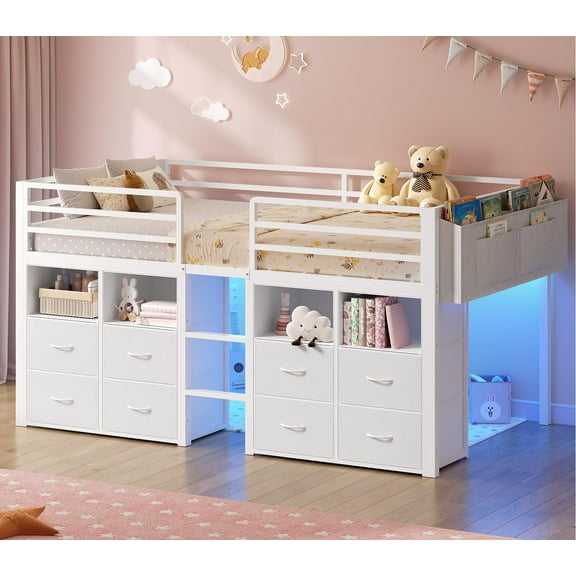 Twin Loft Bed with 8 Storage Drawers and open Storage Shelves, Low Loft Bed Twin Size with LED Lights,Stairs,Metal Bed with Safety Guardrail,Space Saving,No Box Spring Needed,White