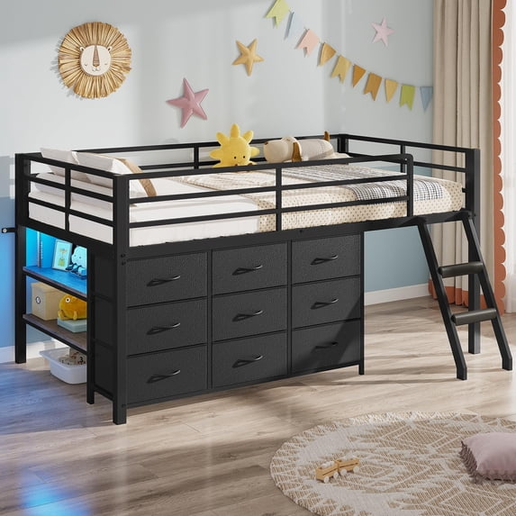 Twin Loft Bed with 9 Storage Drawers and 2 Storage Shelves, Low Loft Bed Twin Size with LED Lights,Stairs,Metal Bed with Safety Guardrail,Space Saving,No Box Spring Needed, Black