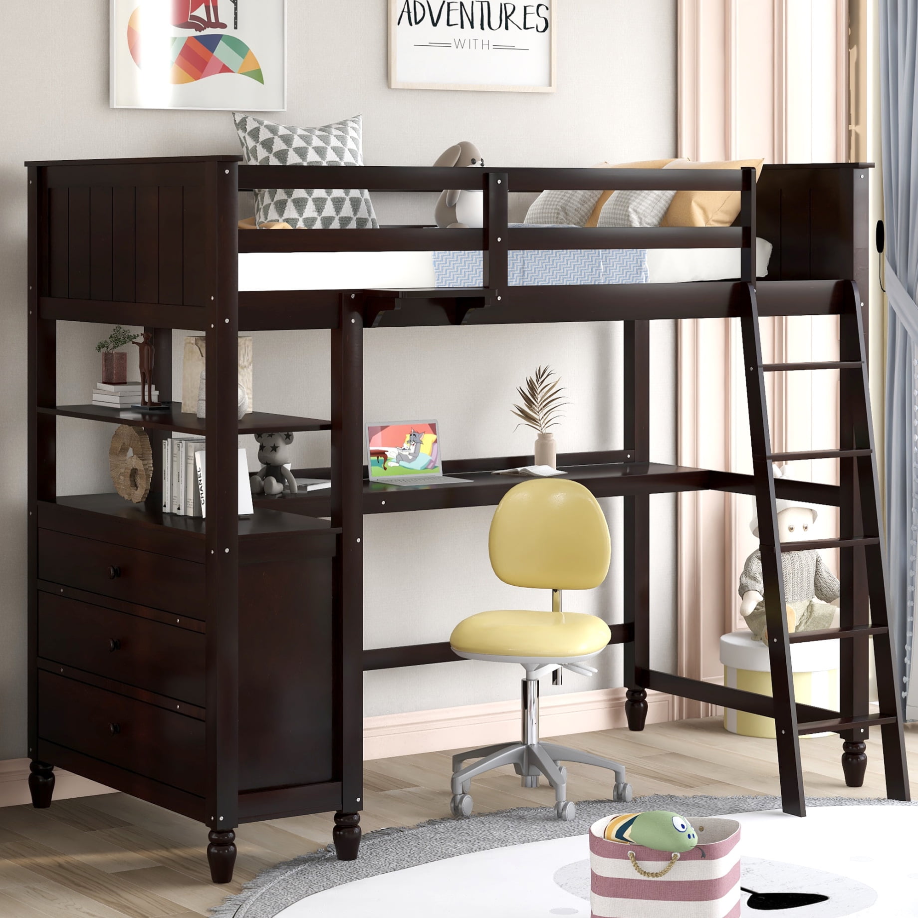 Twin Loft Bed with Builtin Desk, Wood Loft Bed Frame with Shelves and