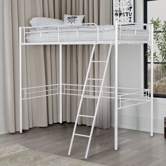 Twin Loft Bed Contemporary Style With Open Area Underneath Metal Structure, White
