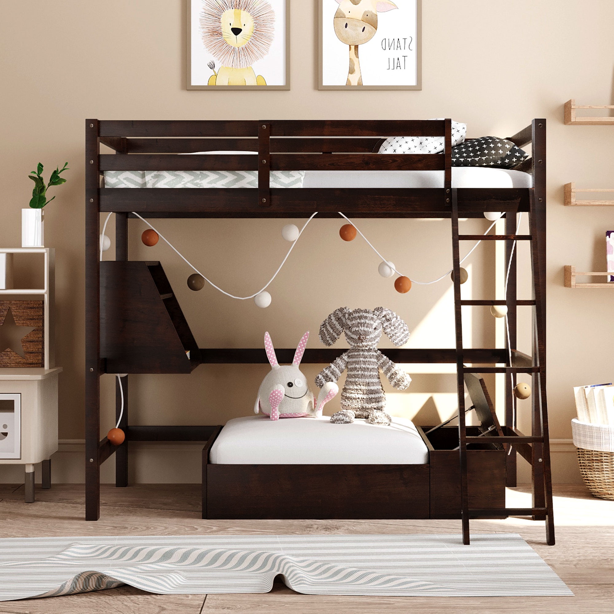 Twin Loft Bed with Convertible Lower Bed, Solid Wood Loft Bed Frame with Storage Drawers, Shelf