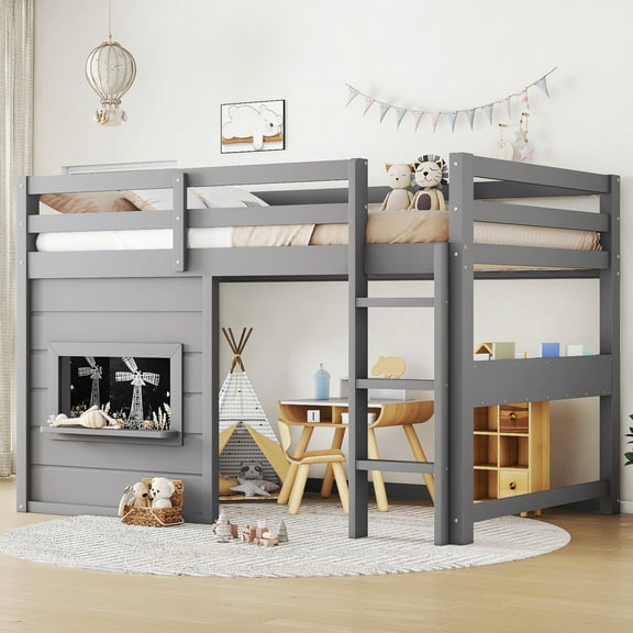 Twin Loft Bed with Desk & Bookshelf, Space Saving Loft Bed with Sliding Chalkboard, Built-in Bookshelf and Safety Rails, Multi-Functional Furniture for Young Users, Room Organizer,  Gray