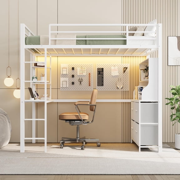 Twin Loft Bed with Desk, Heavy-Duty Metal Frame, LED Lights, Built-In Power Outlets/Charging Station, 4 Fabric Drawers,2 Storage Shelves,Guardrails & Ladder,No Box Spring Needed,White Wood Grain,Twin