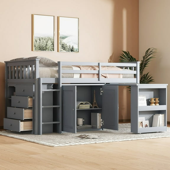 Twin Loft Bed with Desk Low Study Twin Loft Bed with Storage Drawers, Low Loft Bed Twin for Twin Loft Bed with Safety Guard Rails and Bookcase Shelf (Grey, Twin Loft with Desk)