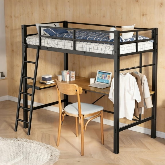 Twin Loft Bed with Desk, Metal Loft Bed Frame with Ladder and Charging Station, Full-Length Guardrails and Sloped Staircase, 400 Lbs Capacity, No Box Spring Needed for Kids Bedroom, Black