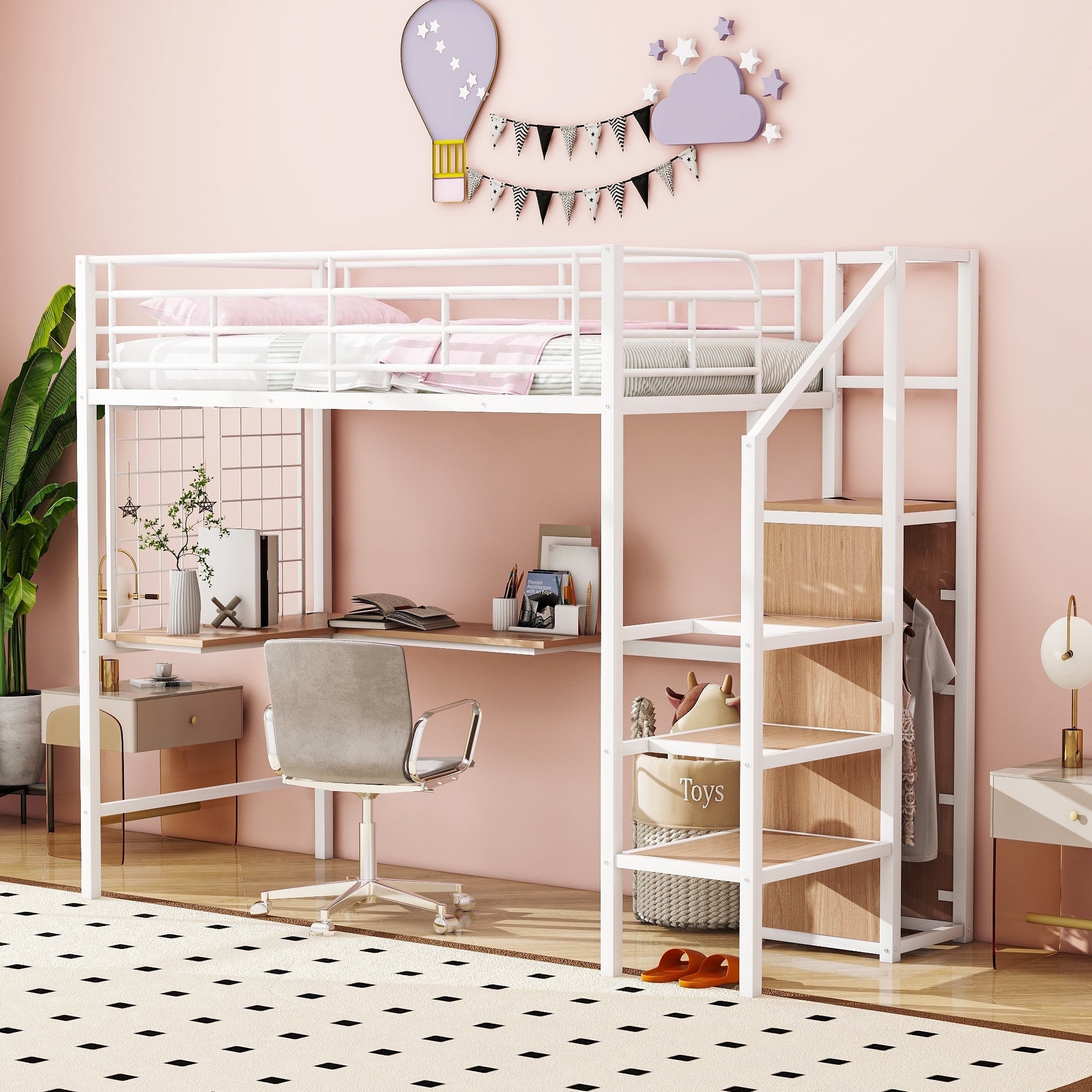 Twin Loft Bed with Desk, Metal Loft Bed with Staircase and Wardrobe