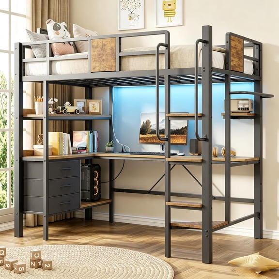 Twin Loft Bed with Desk and Stairs, Heavy Duty Loft Bed with RGB LED Lights, Charging Station, 3 Fabric Storage Drawers & 2 Open Shelves, No Box Spring Needed-Black