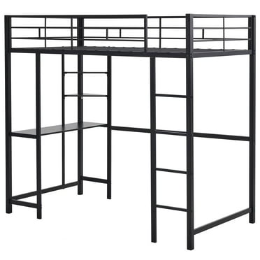 Twin Loft Bed with Desk and Storage Shelves, Metal Loft Bed Frame with Ladder and Full-length Guardrails for Teens Juniors Adults, Noise Free, No Box Spring Needed, Black