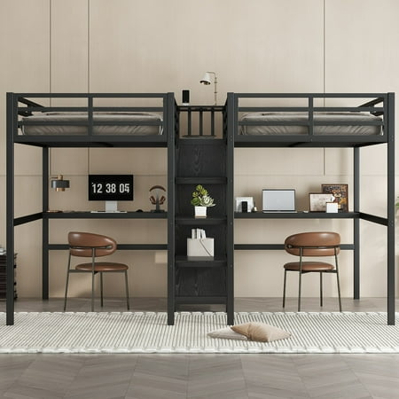 Twin Loft Bed with Desk, Twin Over Twin Metal Loft Bed with Wardrobe & Shelves, Space Saving Loft Bed with Electrical Outlet, Double Desk & Built-in Storage, Black