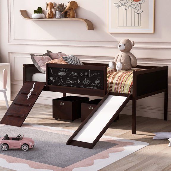Twin Loft Bed, Finish. Two Storage Boxes. Pine Wood Frame Durability. Climbing & Rope Fun Times. Double Chalkboard Imaginative. Slide For Quick Depart Bed With Storages. Wood, Adventure. Chalkboard,