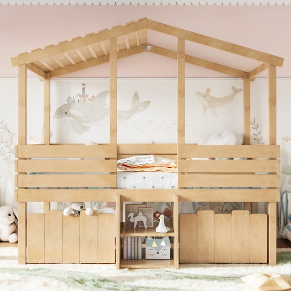 Twin Loft Bed Frame with Cute Stairs and 2 Big Storage Drawers, Farmhouse Style Low Loft Bed with House Shaped Roof for Bedroom, Apartment, Guest Room, Easy Assembly, Mattress Not Included, Natural