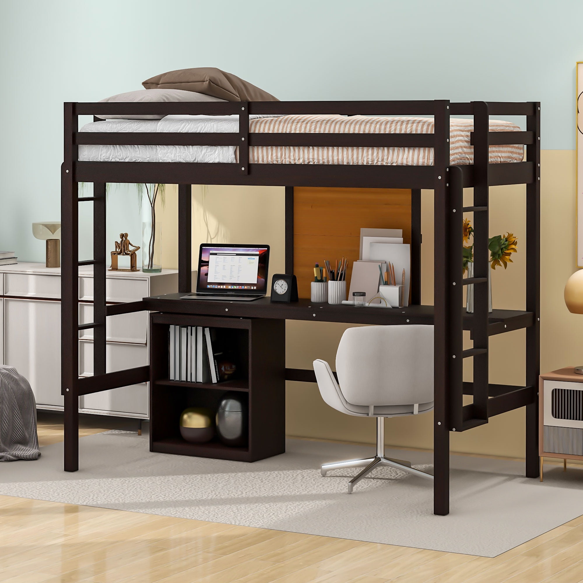 Twin Loft Bed Frame with Desk and Writing Board, Modern Wooden High
