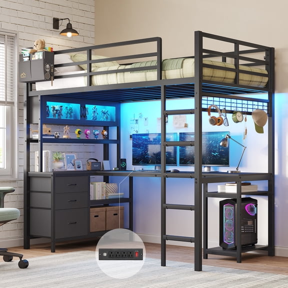 Twin Loft Bed Frame with L-Shaped Desk&LED Lights&Charging Station, Metal Loft Beds with 3 Storage Drawers & Glass Cabinet & Hutch, Twin Size Bed Frame with Safety Guardrail & Ladder, Black