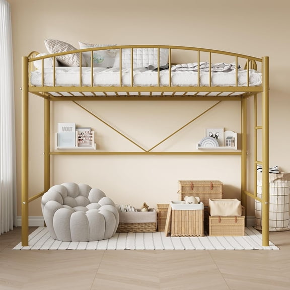 Twin Loft Bed Frame with Ladder and Arched Guardrail, Heavy-Duty Metal Loft Bed with Steel Slat Support, Anti-Tip Brackets and Space-Saving Design, Gold