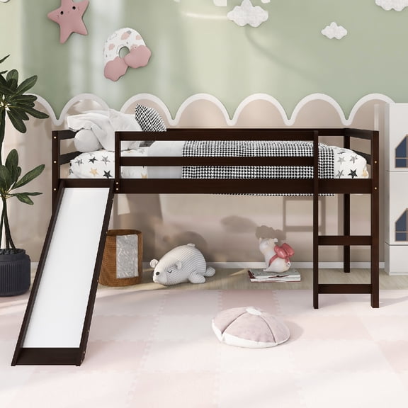Twin Loft Bed Frame with Slide and Underbed Space, Solid Wood with Safety Guardrails and Ladder for Bedroom, Apartment, Mattress not included, No Spring Box Required, Espresso