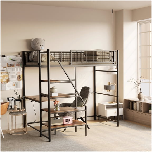 Twin Loft Bed Frame with LED Lights & Charging Station, Metal Bunk Bed with Study Desk & Stairs, Space-Saving Design for Dorm, Bedroom, Black