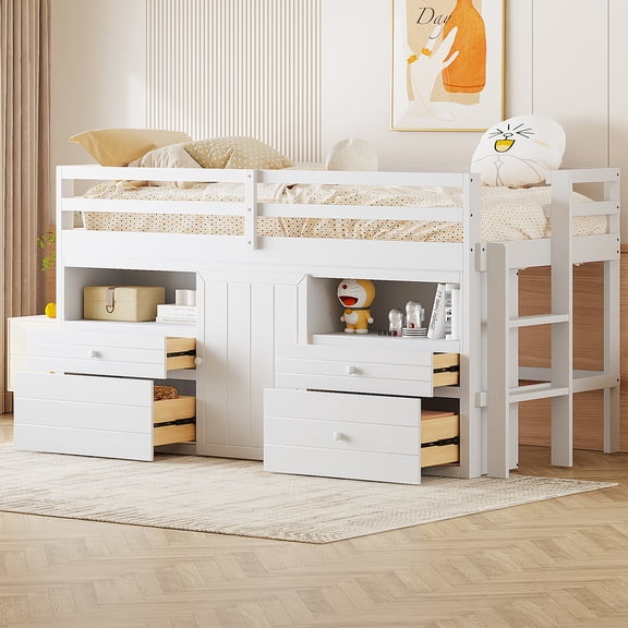 Twin Loft Bed In White With 4 Drawers, Cabinet And Shelves - Simple Assembly Under Modern Bedroom Decor