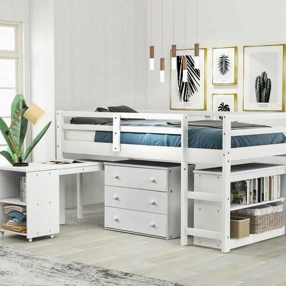 Twin Loft Bed In White With Cabinet And Rolling Homework Table Portable Desk, Build