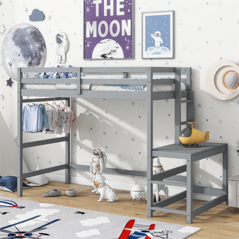 Twin Loft Bed, Kids Loft Bed With Stairs, Ladder Landing Platform