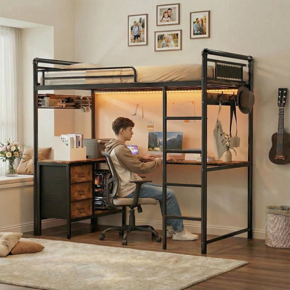 Twin Loft Bed with L Shape Desk, Gaming Bunk Bed with Stairs, Metal Loft Bed Heavy Duty Loft Beds for Adults, 3 Fabric Drawers, LED Lights & Charging Sation, Pegboard & Cloth Hangs