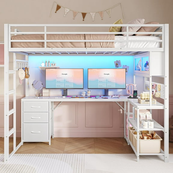 Twin Loft Bed with L-Shaped Desk and Charging Station,Storage Drawers & Hutch,Twin Size Metal Platform Bed with LED Lights,13.4" Safety Guardrail, Wide Ladder,White